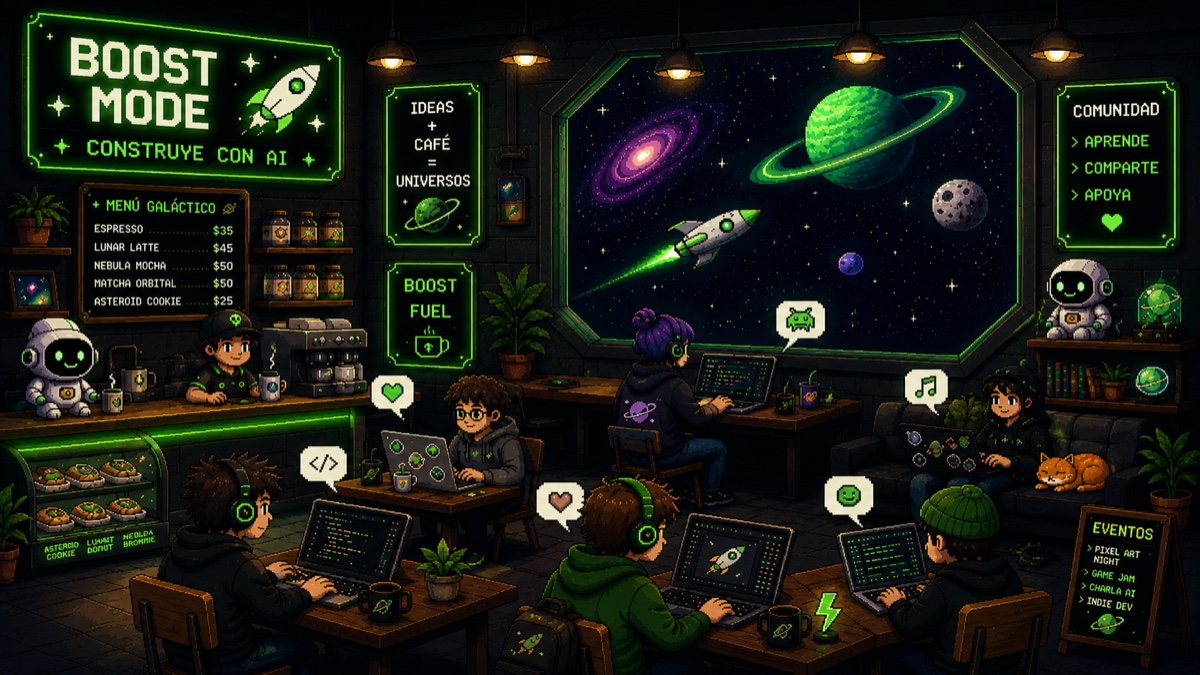 La comunidad Boost Mode — café espacial pixel art